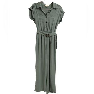 Monteau Women's Button Up Front Linen Blend Wide Leg Sage Belted Jumpsuit
